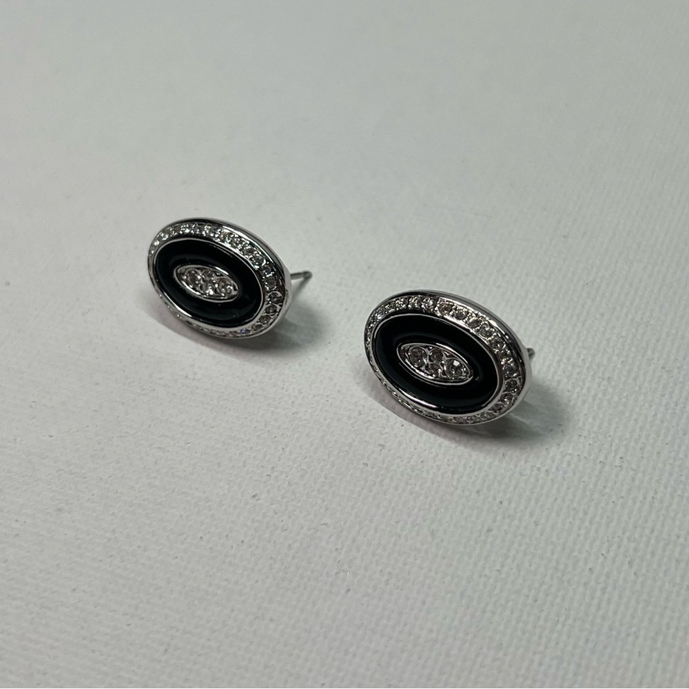 Vintage Nina Ricci Silver Tone/Black Enamel Earrings w/ Swarovski Crystals